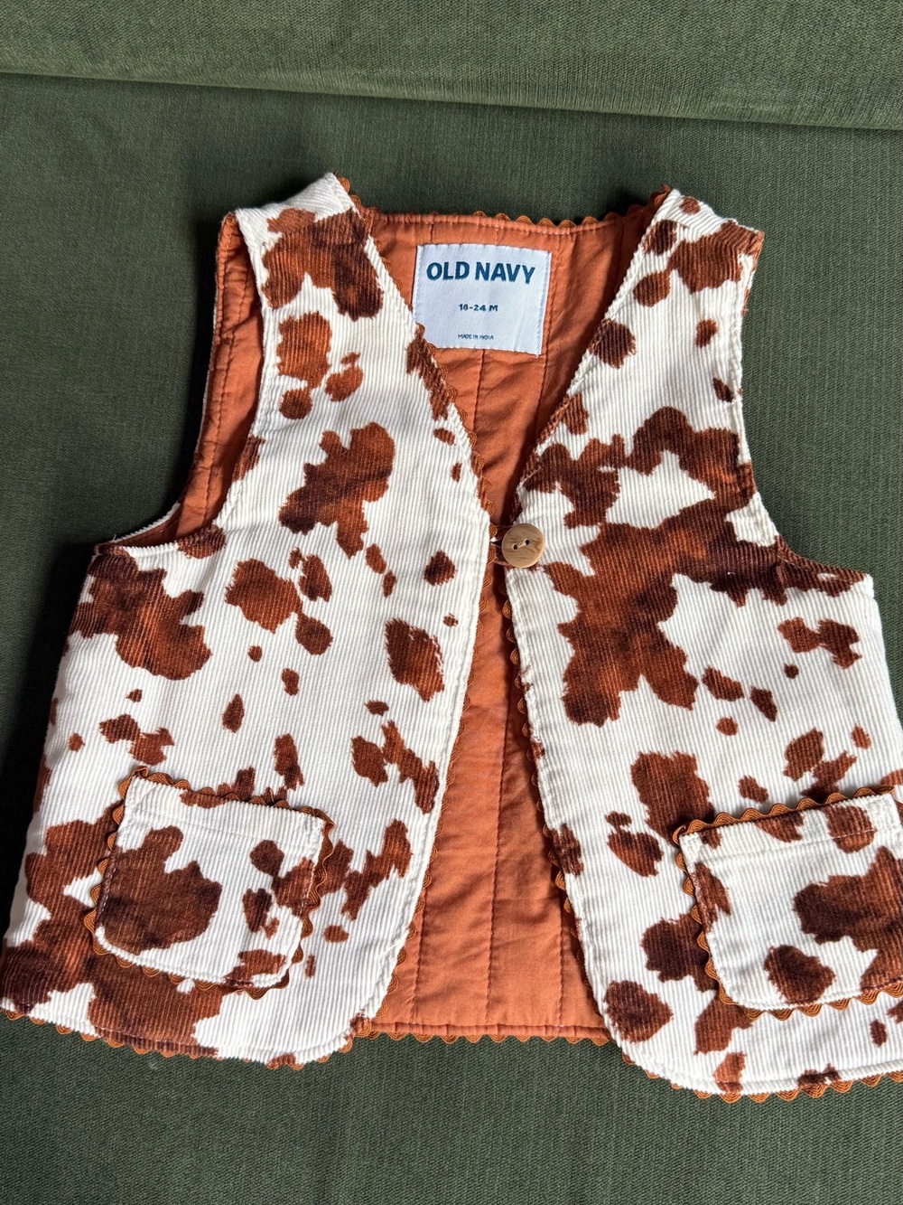 Old Navy Kids Cowprint Corduroy Vest - Brown & White 18-24 M
